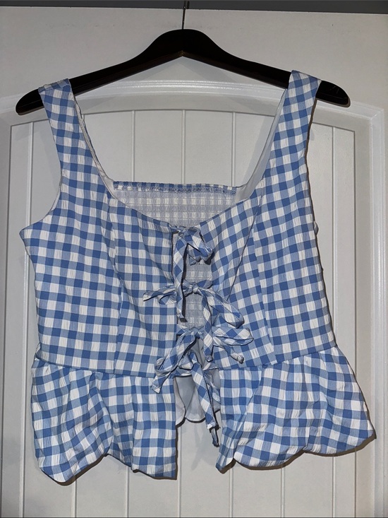 SHEIN Tops - SHEIN Light Blue & White Gingham Tie-Front Peplum Tank